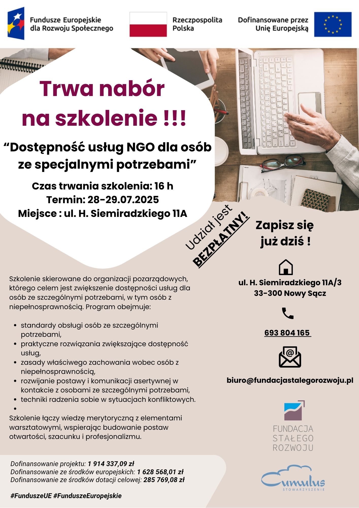 SZKOLENIE DLA ORGANIZACJI POZARZĄDOWYCH Dostępność usług NGO dla osób ze specjalnymi potrzebami