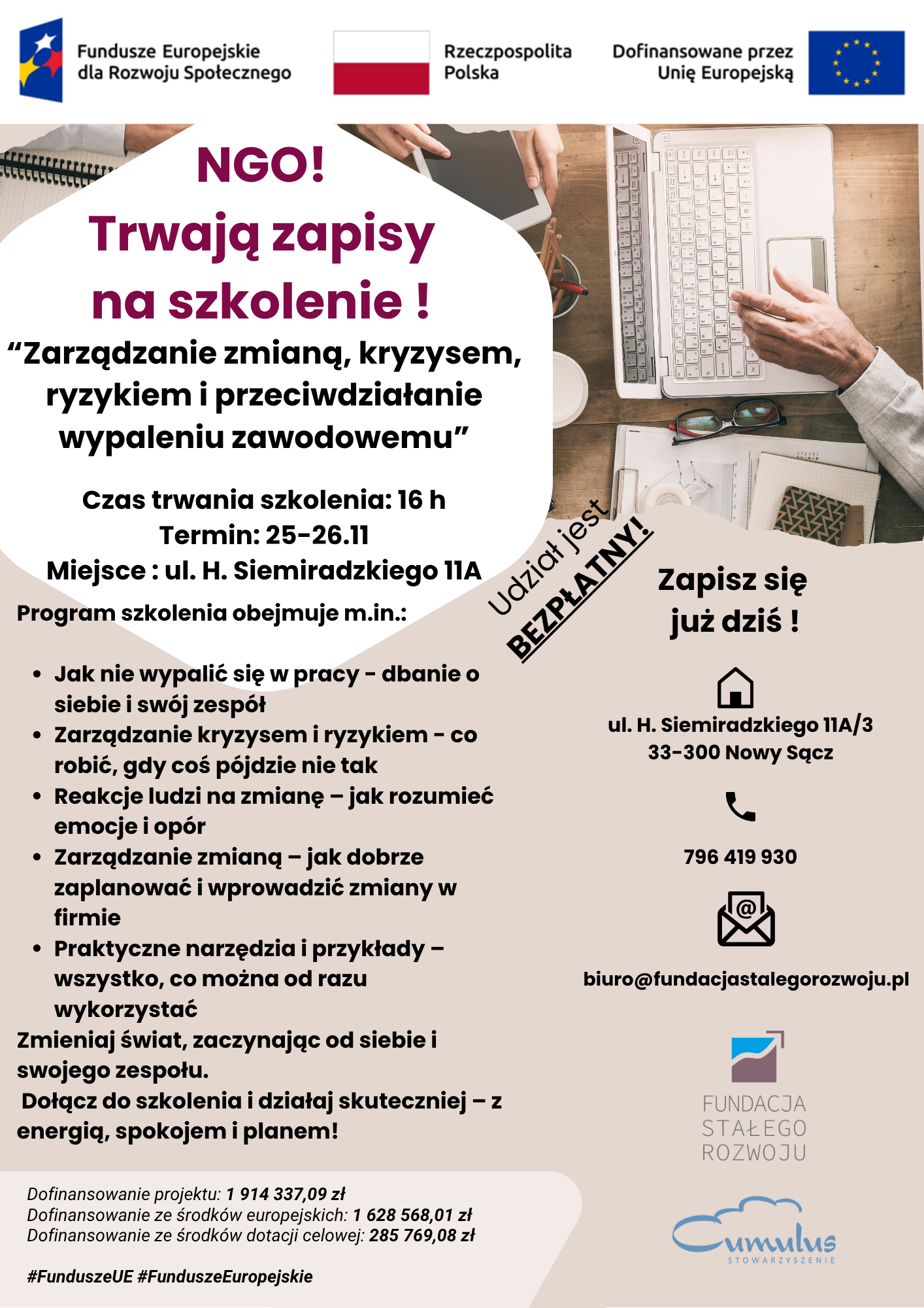 SZKOLENIE DLA ORGANIZACJI POZARZĄDOWYCH Zarządzanie zmianą, kryzysem, ryzykiem i przeciwdziałanie wypaleniu zawodowemu 