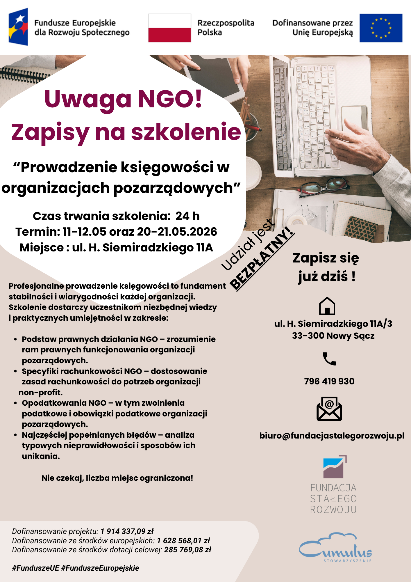 SZKOLENIE DLA ORGANIZACJI POZARZĄDOWYCH Prowadzenie księgowości w organizacjach pozarządowych