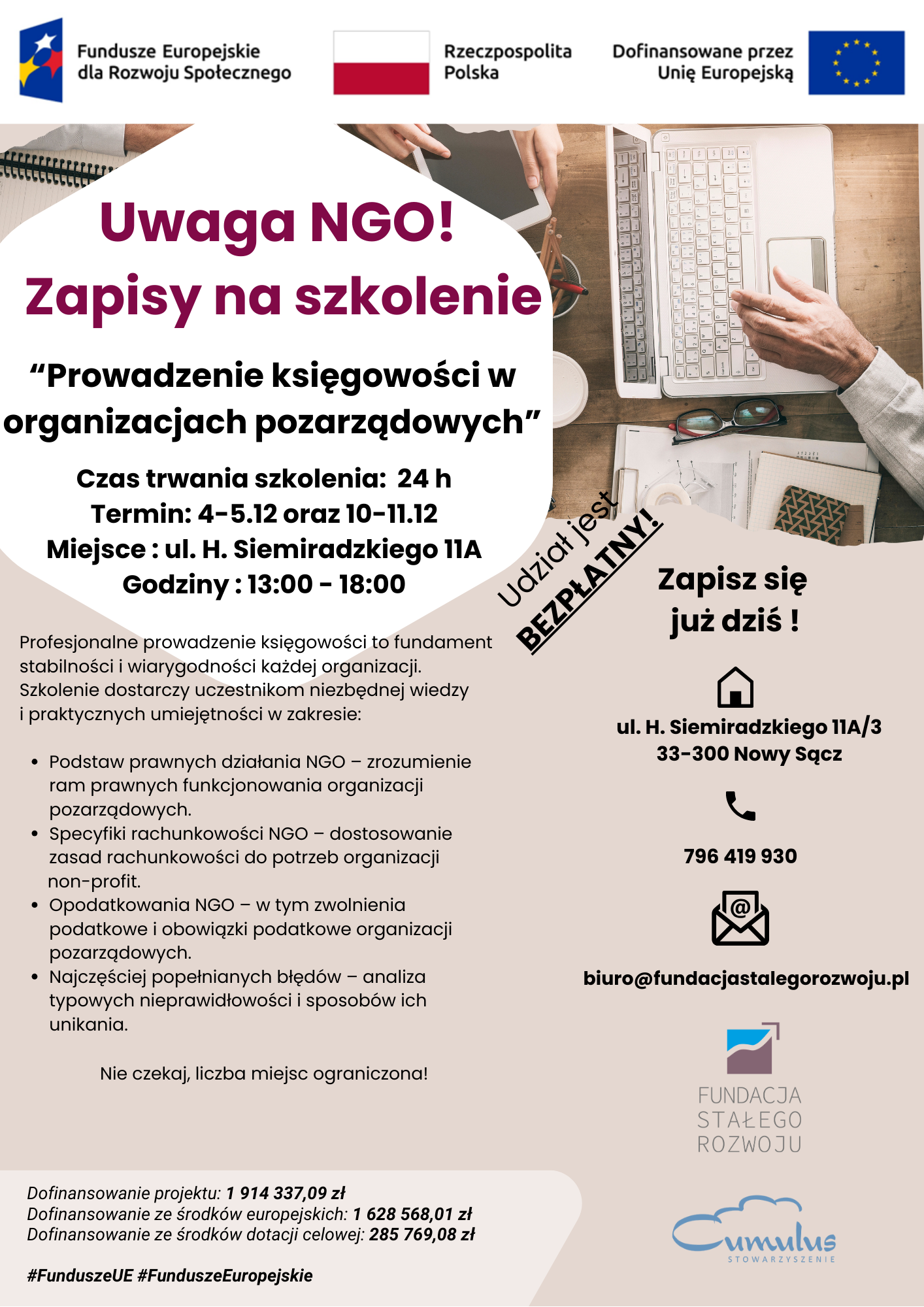 SZKOLENIE DLA ORGANIZACJI POZARZĄDOWYCH Prowadzenie księgowości w organizacjach pozarządowych