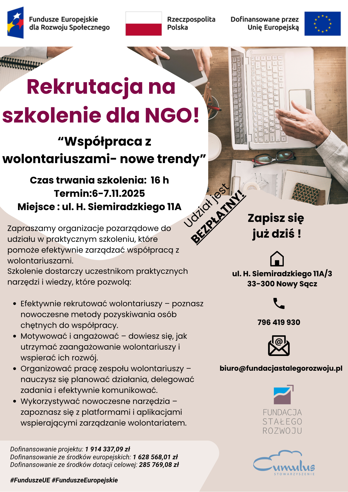 SZKOLENIE DLA ORGANIZACJI POZARZĄDOWYCH Współpraca z wolontariuszami - nowe trendy 