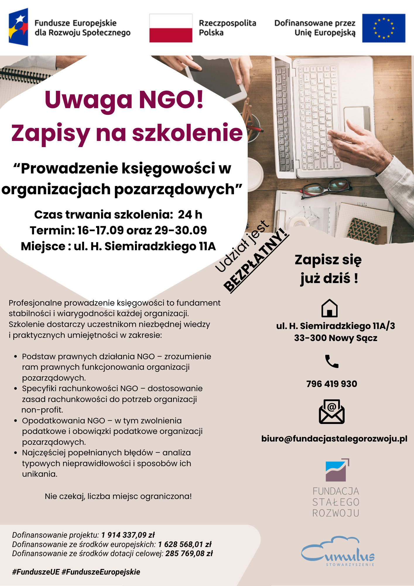 SZKOLENIE DLA ORGANIZACJI POZARZĄDOWYCH Prowadzenie księgowości w organizacjach pozarządowych